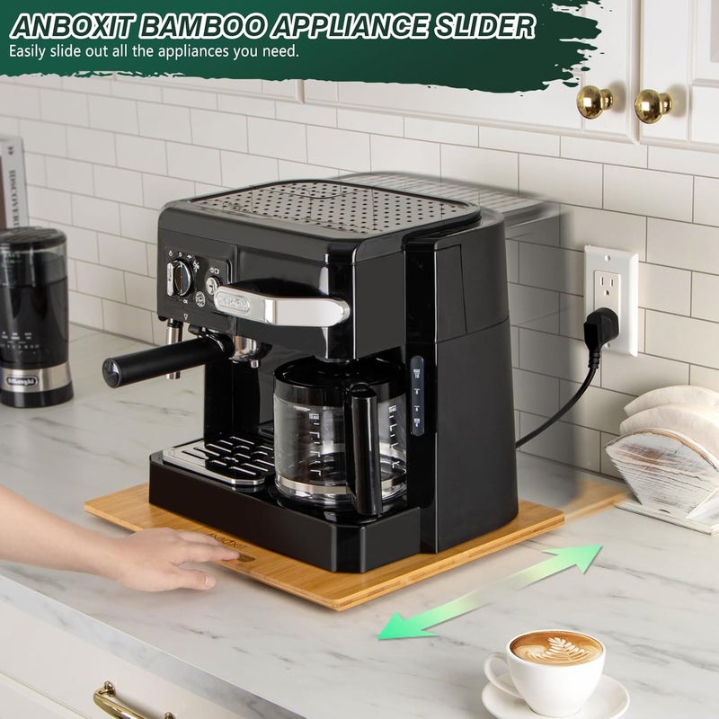 ANBOXIT Bamboo Appliance Slider, Sliding Tray for Coffee Maker, Kitchen Countertop Appliance Rolling Tray, Coffee Pot Slider Tray with Rubber Wheels, Wide - Large (13"D x 16"W) - Image 2